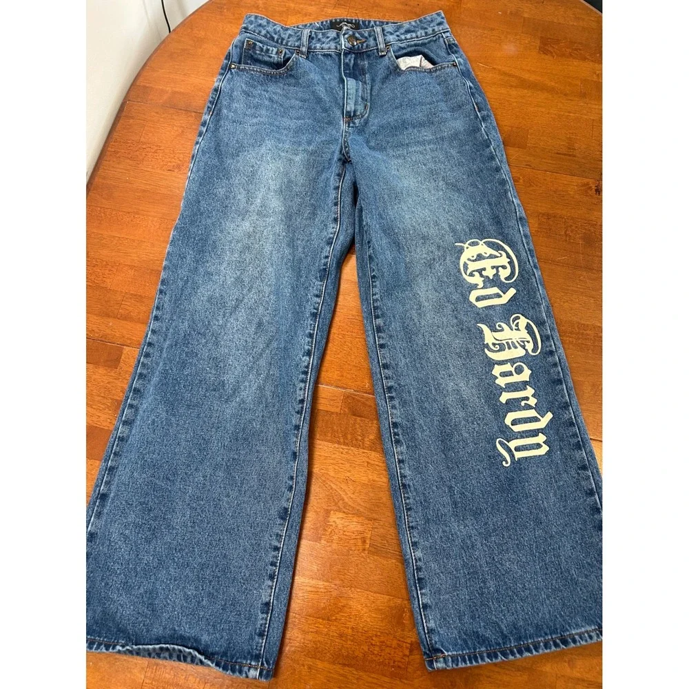 Vintage Ed Hardy Wide Leg Jeans Mens 30 Blue Graphic Tattoo Baggy Denim Y2K